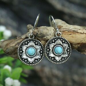 Bohemian Faux Turquoise Lotus Flower Round Dainty Dangle Earrings Silver Tone